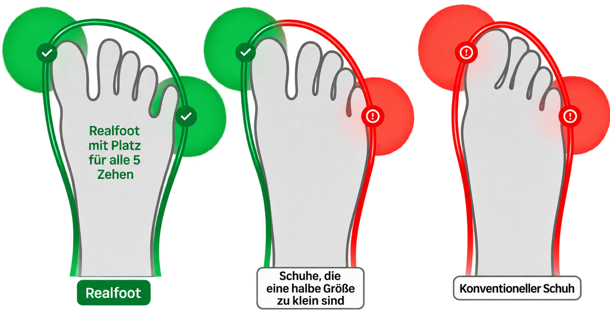 Vergleich der Zehenfreiheit: Realfoot, ein Halbwegschuh und ein herkömmlicher Schuh